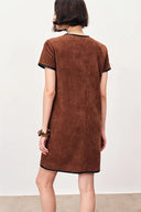 Nevaeh Hand Applied Contrast Leather Trim Short Dress in Ultrasuede