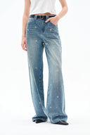Jeans Embellecidos Cosiendo a Mano Nico en Denim Lavado Ligero