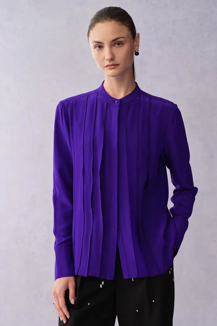 Thalia Silk Tuck Pleated Blouse in Matted Silk Crepe