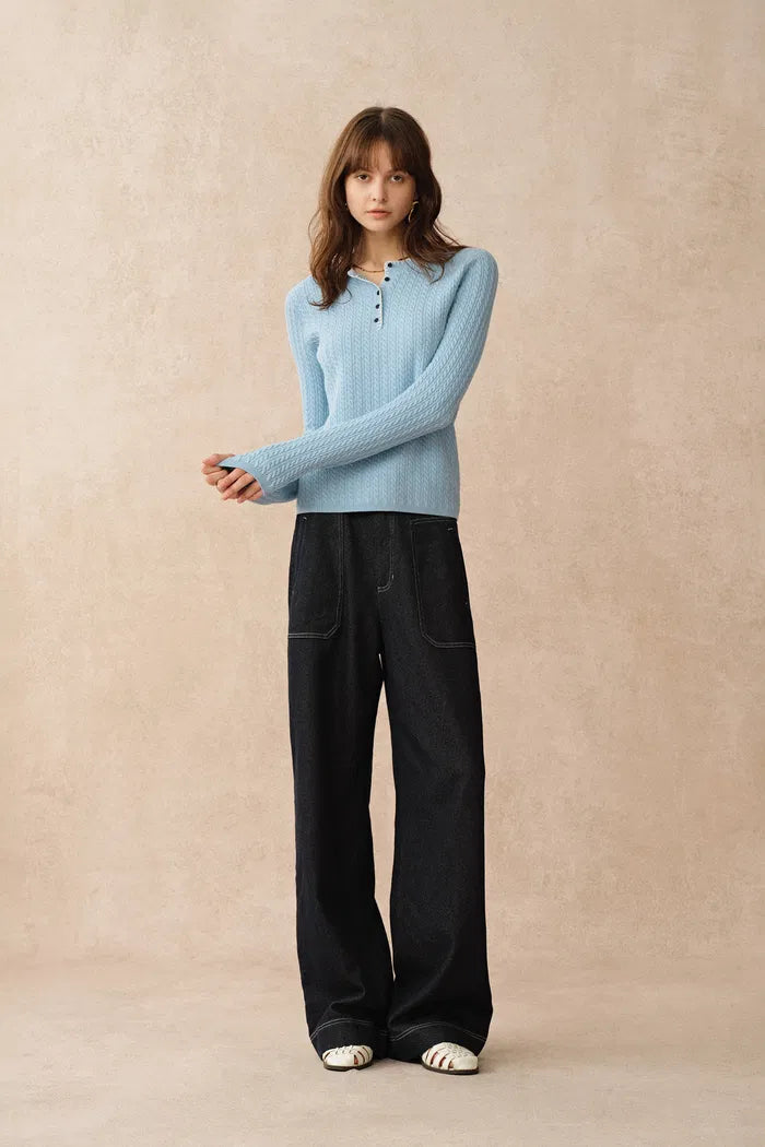 Mika Blue Henley Neck Long Sleeve Top in Merino Wool Cable Knit