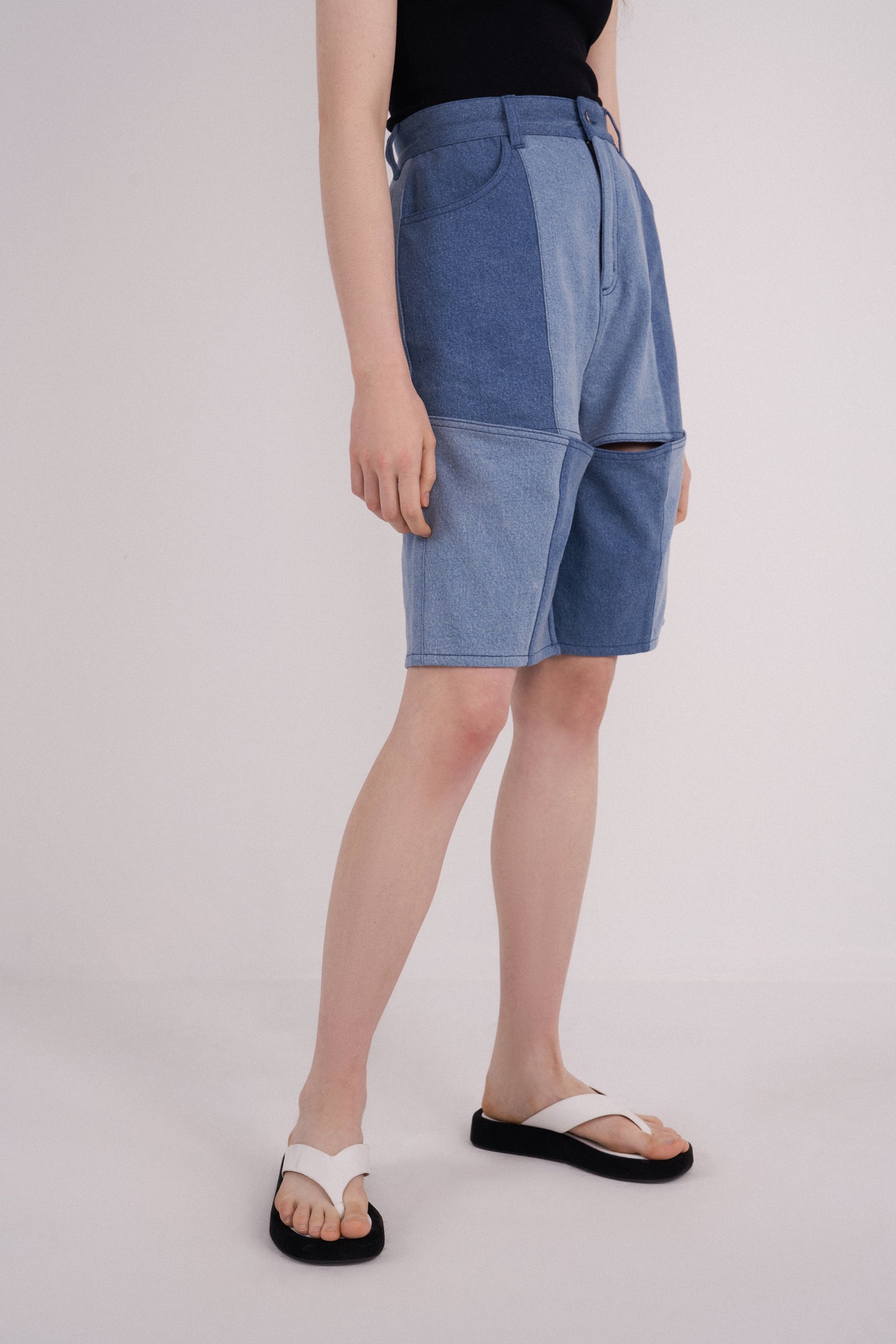 Wader Color Block Shorts in Washed Denim