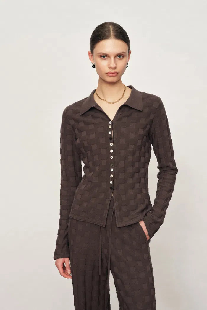 Elowen Plaid Textured Cardigan and Pants in Cotton Blend Knit