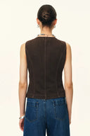 Elodie Fitted Round Neck Sleeveless Vest Top in Thin Denim