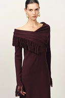 Oona One Shoulder Asymmetric Fringe Dress in Merino Wool with Stretch Knit