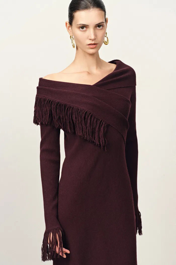 one shoulder fringe detail textured knit dress Karen Millen Petite Figure Form Bandage One Shoulder Fringe Mini Knit Dress in Silver