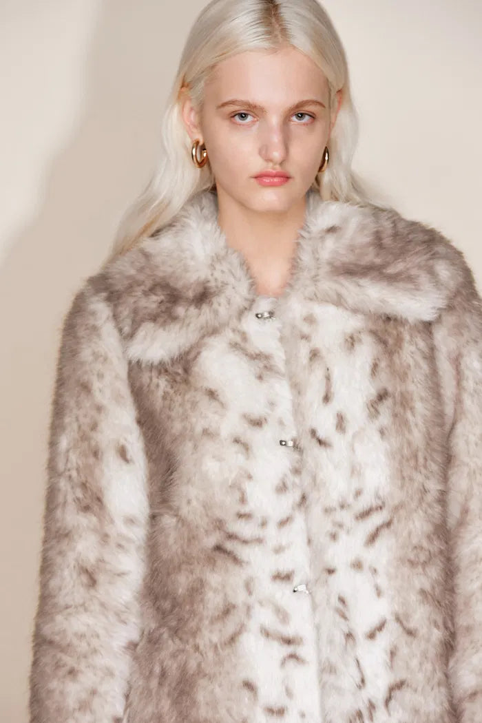 Loulou Spotted Snow Leopard Fur Coat in Premium Faux Fur