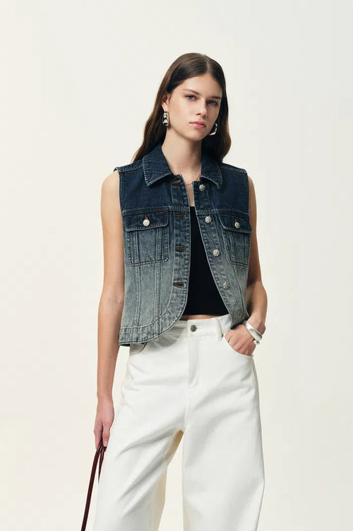 Winona Gradient Collar Short Vest in Cotton Denim