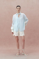 Paz Blue Embroidered Shorts in Silk-Linen Blend