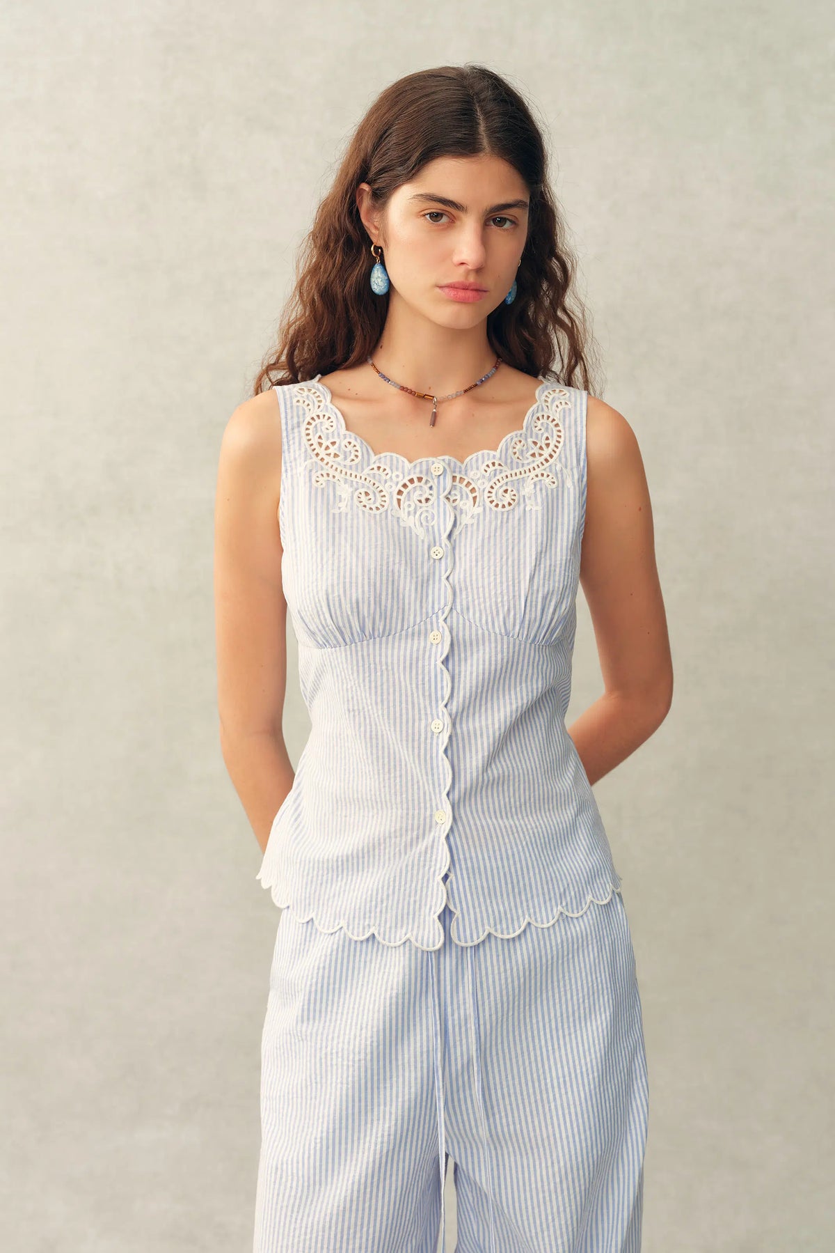 Lone Striped Embroidered Sleeveless Lace Trim Cami Top and Pants Lone Striped Embroidered Sleeveless Lace Trim Cami Top and Pants