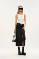 Tenebrae Midi Slit Skirt in Thin Denim