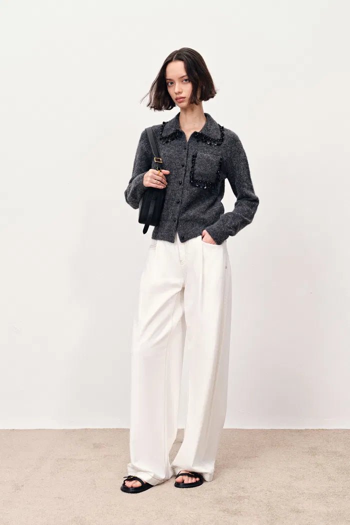 Riley Pressed Pleated Curved Wide Leg Jeans in Lyocell Denim