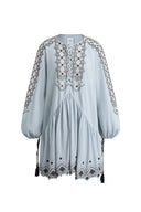 Bohdi Boho Embroidery Crewneck Puff Sleeve Dress in Cotton Crinkle Gauze