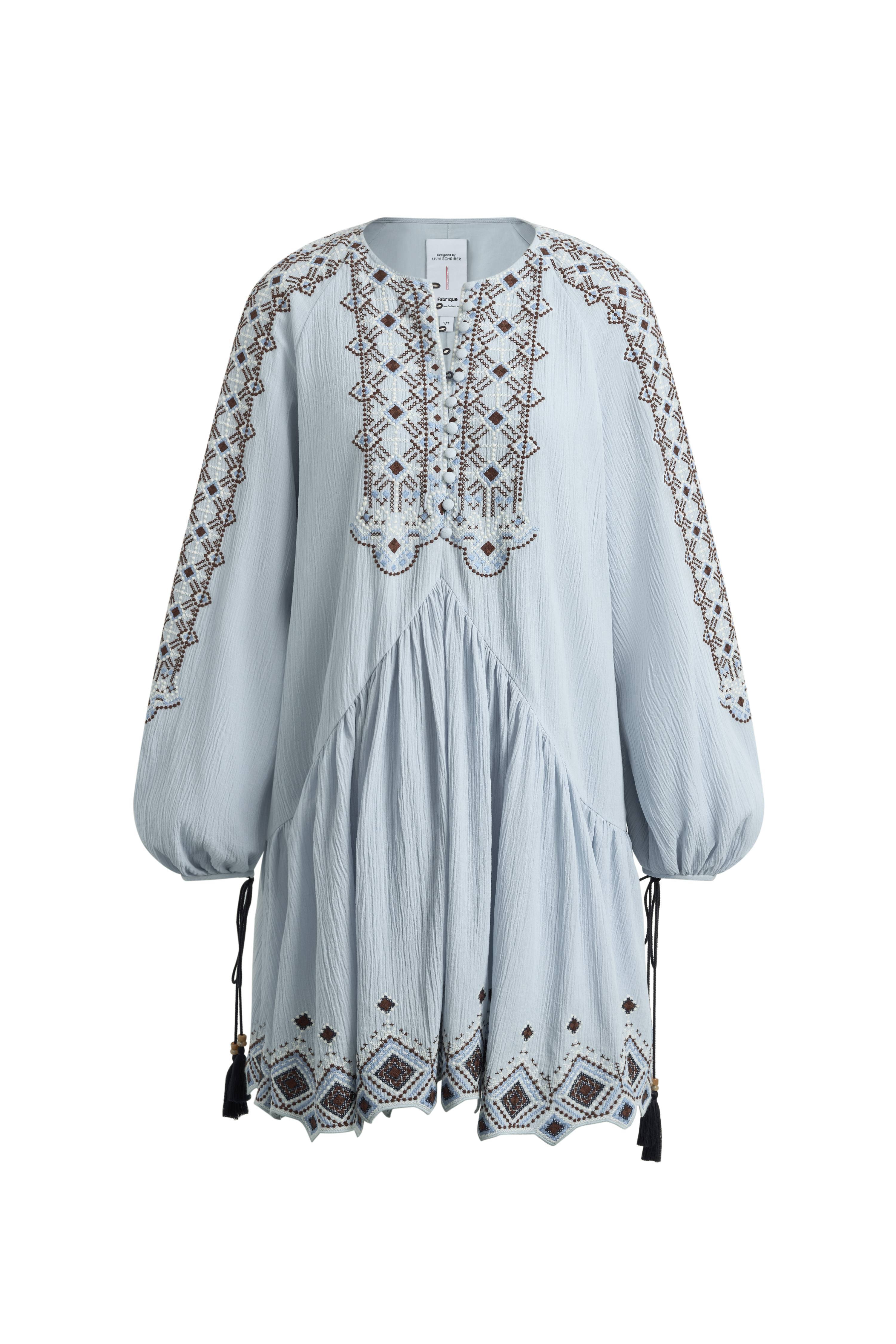 Bohdi Boho Embroidery Crewneck Puff Sleeve Dress in Cotton Crinkle Gauze S