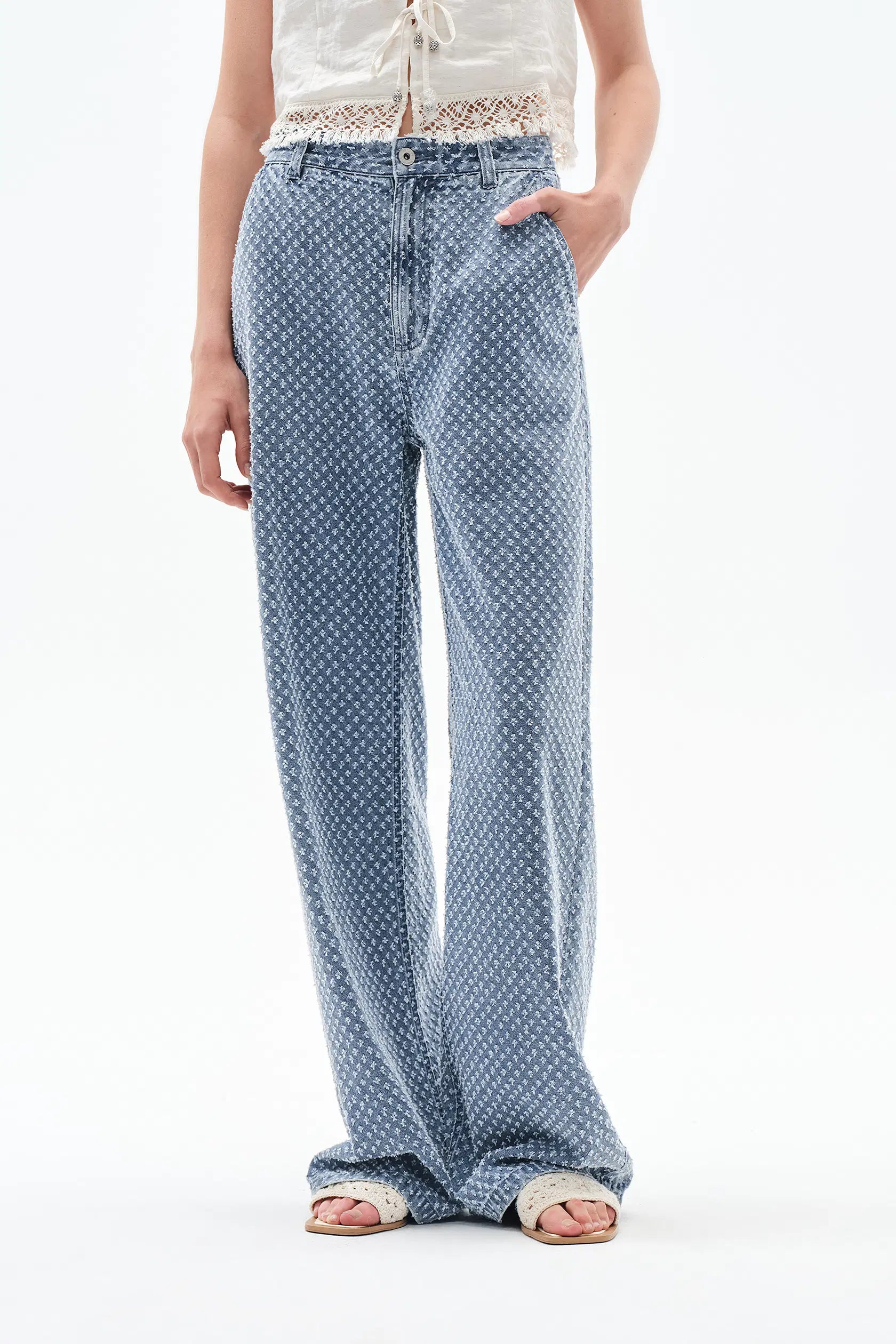 Sunny Wide Leg Jacquard Jeans in Cotton Denim