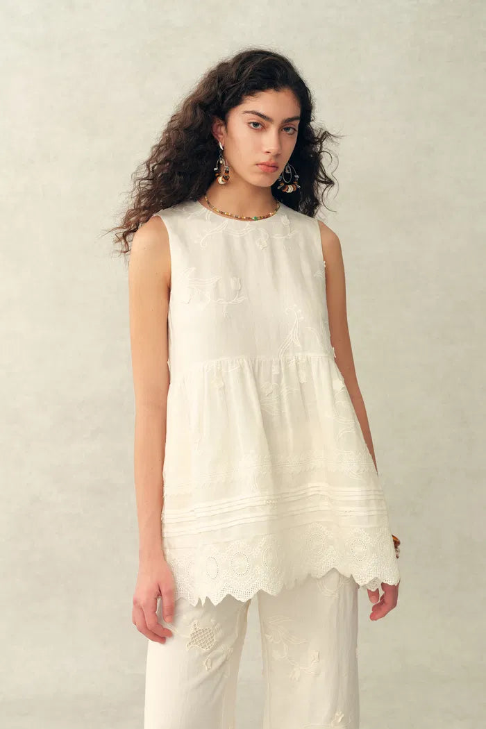 Doris Lily-of-the-Valley Lace Sleeveless Top and Pants Matching Set in Silk Linen Blend