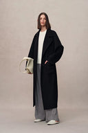 Manteau long maxi noir à grand col Rond en mélange mérinos cachemire