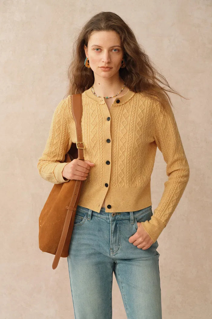 Jinji Yellow Lace Trim Light Short Cardigan in Wool Cable Knit