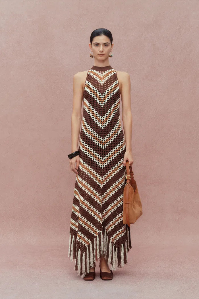 Franny Hand Crochet Striped Sleeveless Dress in Cotton-Linen Tape Yarn Knit