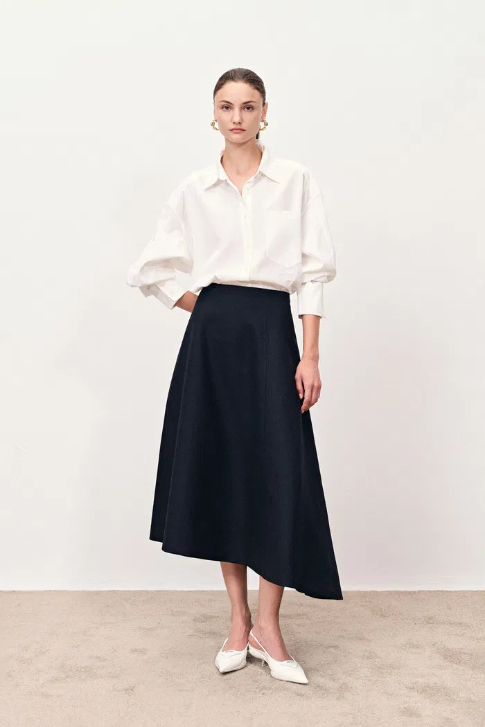 Ilse Asymmetric Midi Skirt in Fine Wool Blend