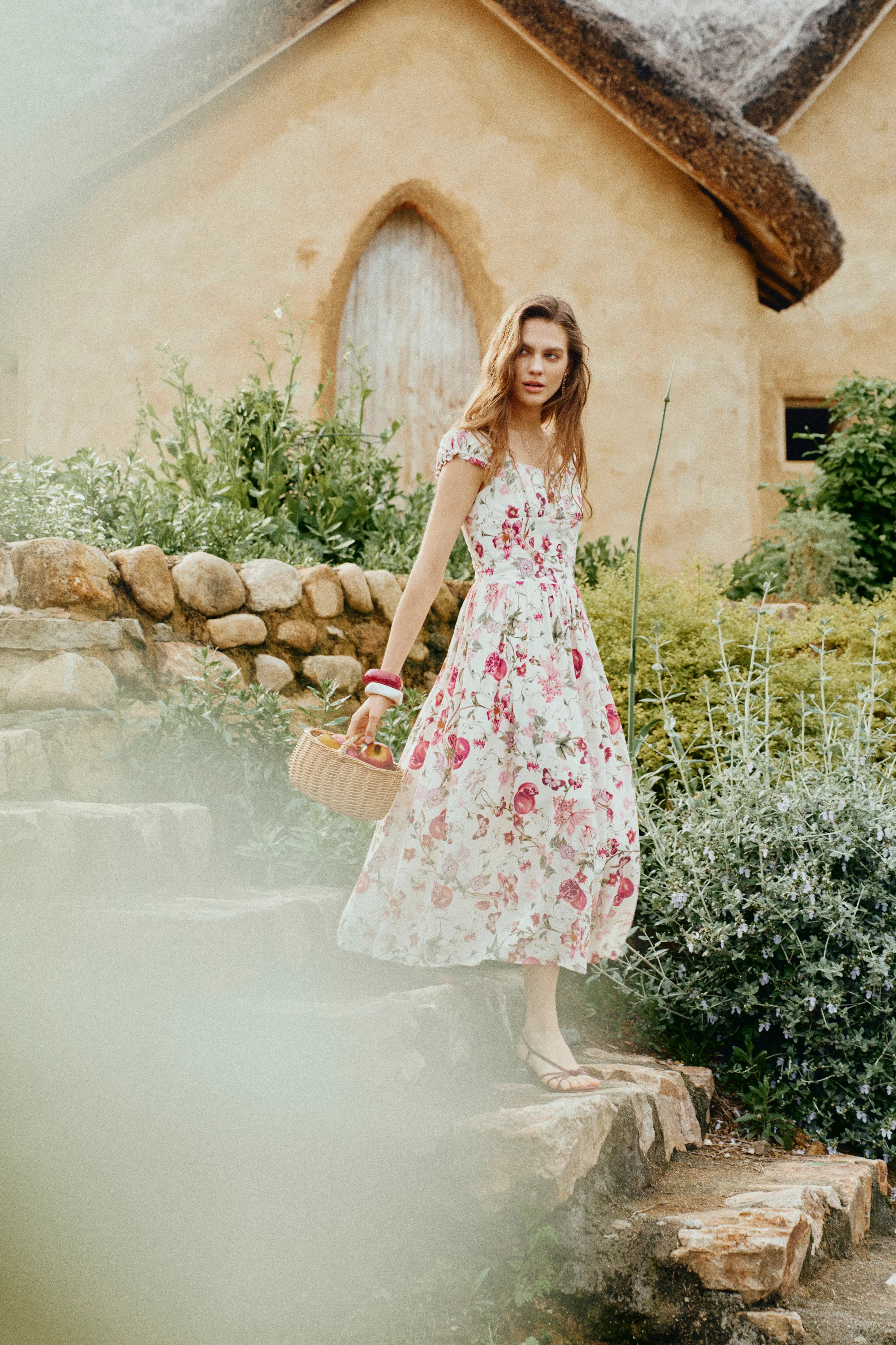 Rosalina Smocked Pomegranate Print Strap Dress in Linen Blend XL