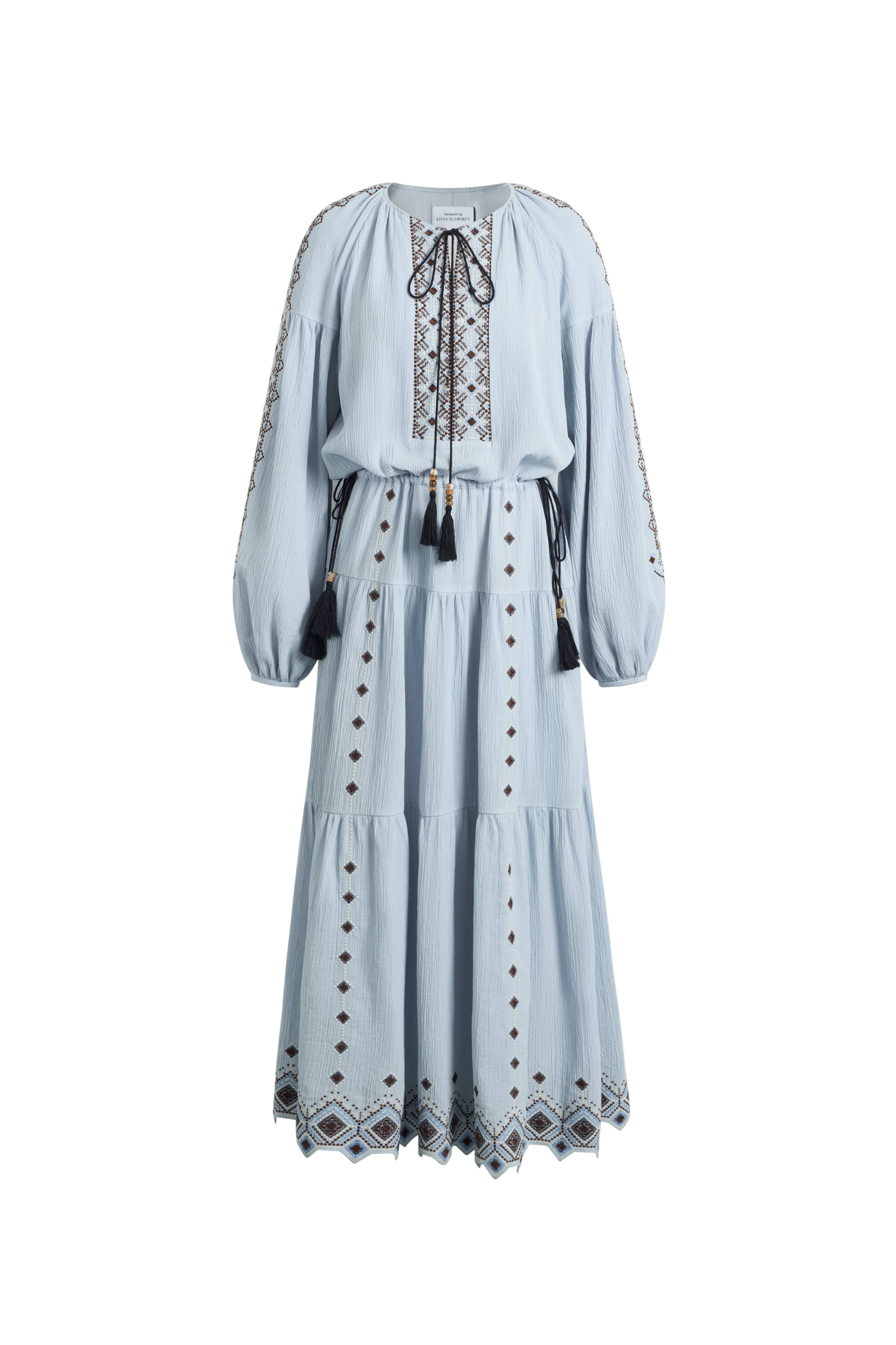 Briana Boho Embroidered Drawstring Long Puff Sleeve Dress in Cotton Cr fbrq.com Briana Boho Embroidered Drawstring Long Puff Sleeve Dress in Cotton Cr fbrq.com