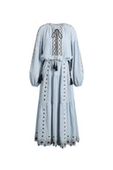 Briana Boho Embroidered Drawstring Long Puff Sleeve Dress in Cotton Crinkle Gauze