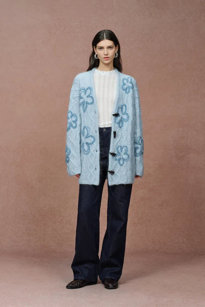 Posie Floral Cardigan in Merino Mohair Cable Knit