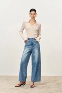 Lulia Raindrop Hand-Beaded Roomy Straight Leg Jeans in Cotton Denim