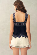Blaze Boho Embroidery Fringe Tie Front Sleeveless Top in Crinkled Georgette
