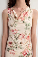 Robe Sans Manches Juliet Florale à Col Drapé en Soie Mûrier