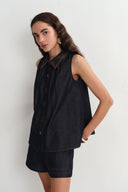 Ensemble assorti haut sans manches et shorts Zach en denim soie-coton