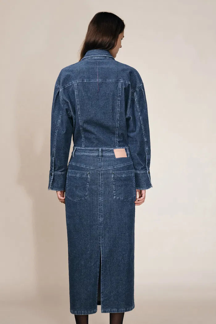 Quinn Antique Style Metal Buttons Dress in Washed Stretchy Corduroy