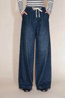 Olive Striped Drawstring Straight Leg Jeans in Striped Denim