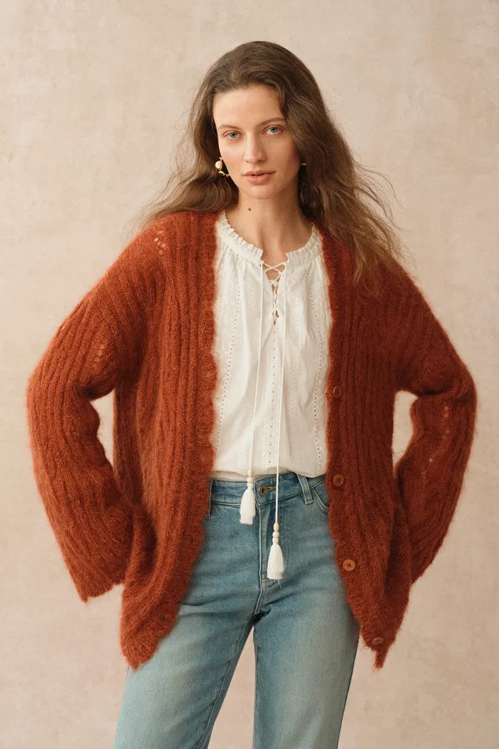 Aki Scalloped Neckline Sheer Cardigan in Lightweight Cable Mohair Knit