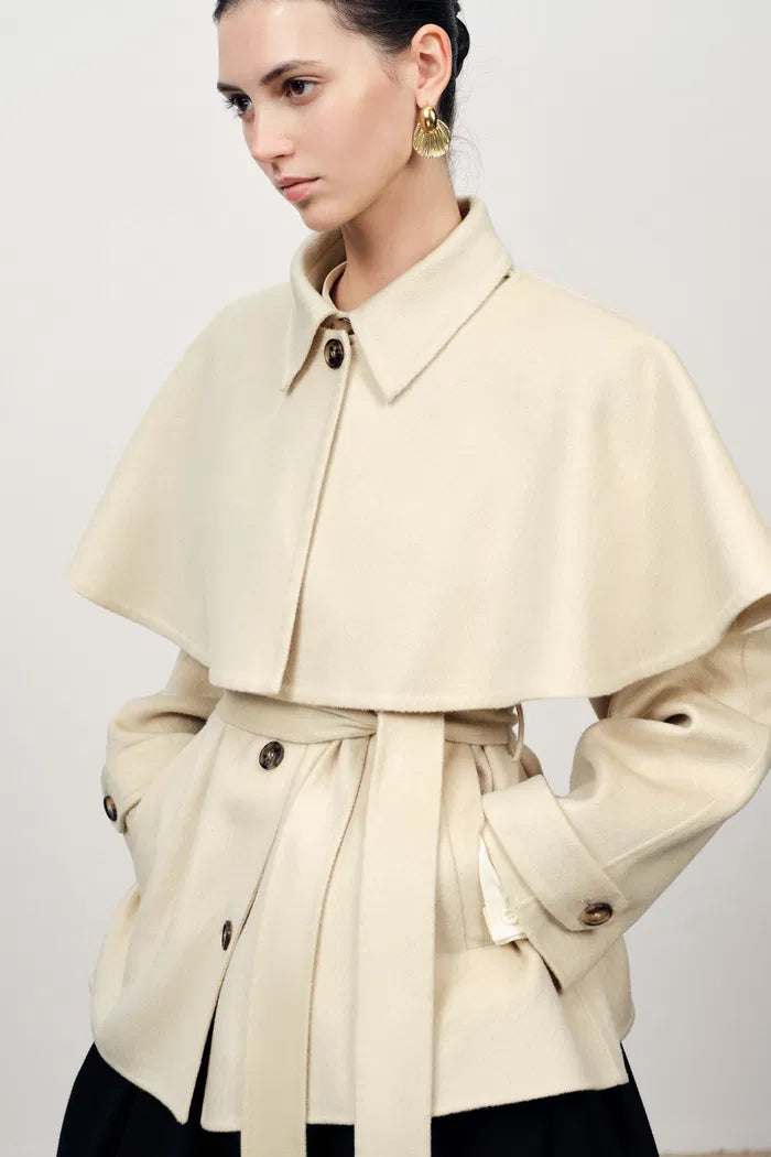 Harmony Detachable Cape Shearling Short Coat in Merino Wool