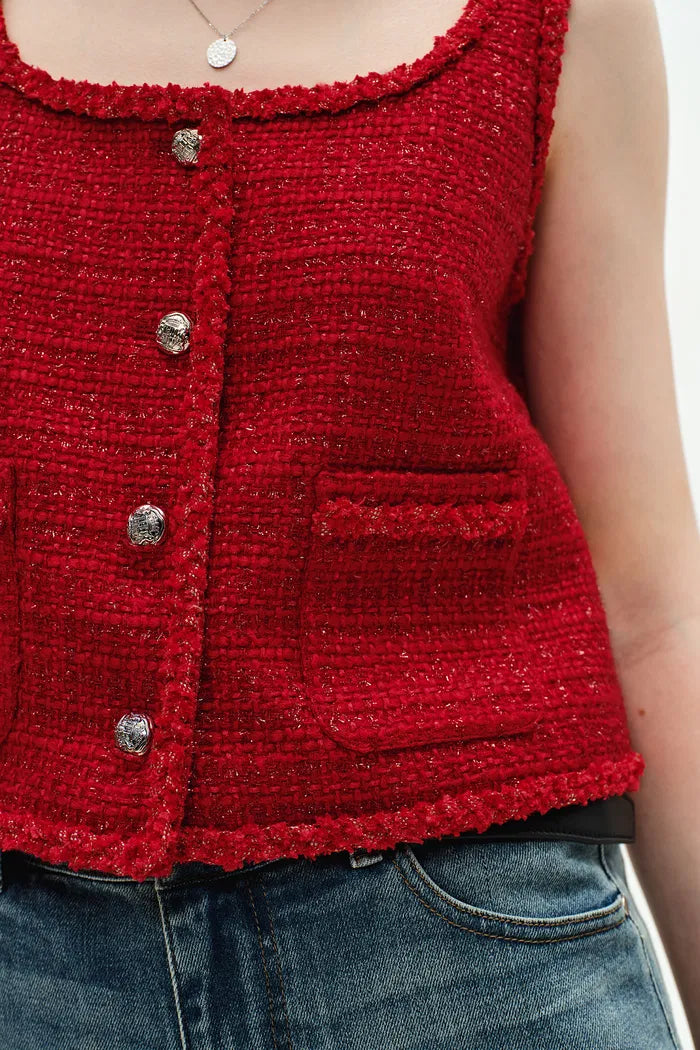 Ruby Red Handmade Silky Ribbon Tweed Vest