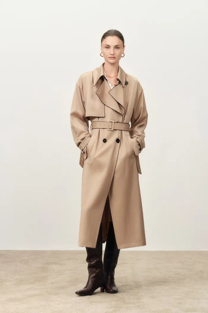 Anjea Convertible Double Breasted Trench Coat in Acetate-Wool Blend