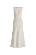 Vestito Bianco Senza Maniche Ellie con Ricamo Floreale all'Uncinetto in Maglia Misto Cotone Lino