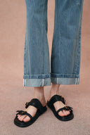 Zoe Raw Edge Waistband Straight Leg Jeans in Cotton Denim