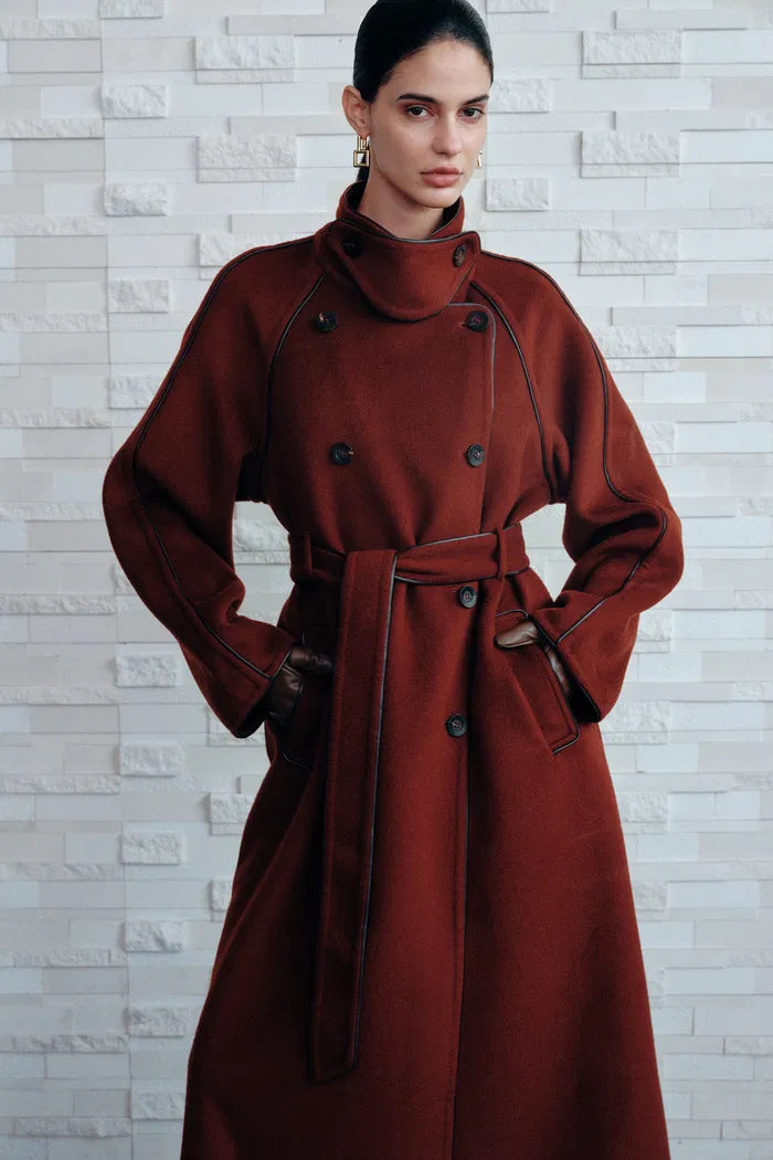Ponente PU Trim Wool Trench Coat in Double-Face Merino Wool