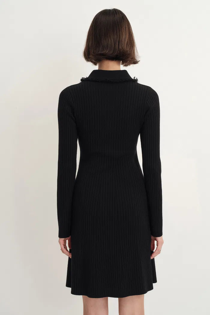 Anja Fringe Collar Long Sleeve Short Dress in Merino Wool Knit