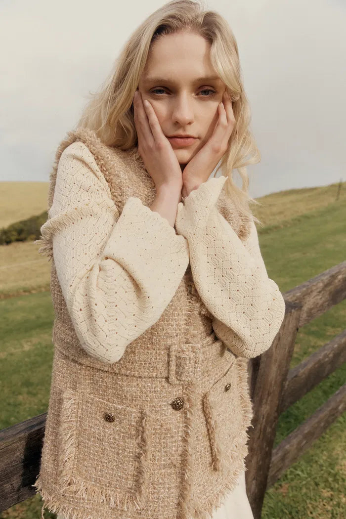 Avignon Belted Fringed Tweed Sleeveless Vest Top in French Bouclé