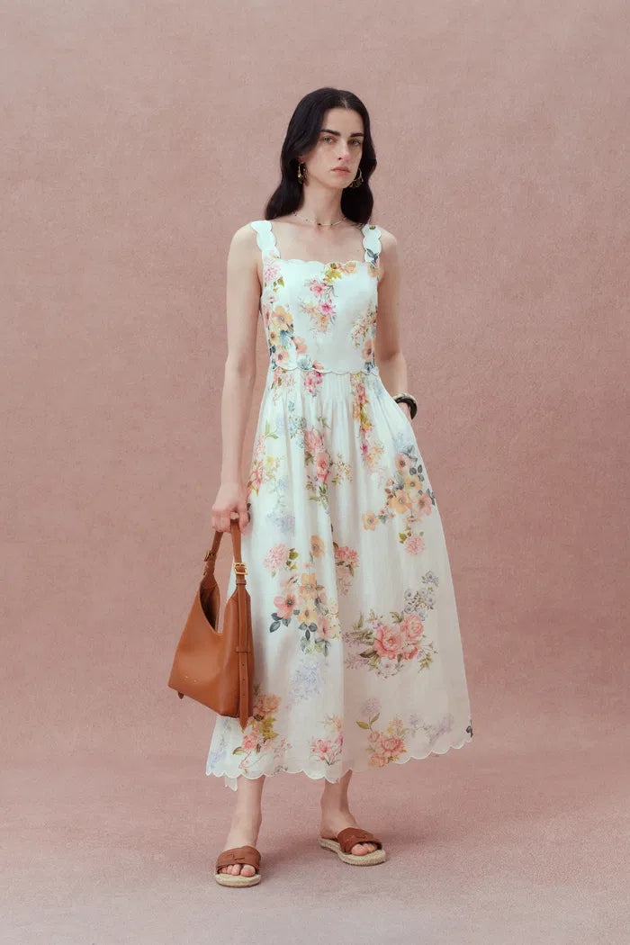 Xena Watercolor Flora Embroidery Strap Dress in Silk-Linen S/P Xena Watercolor Flora Embroidery Strap Dress in Silk-Linen S/P