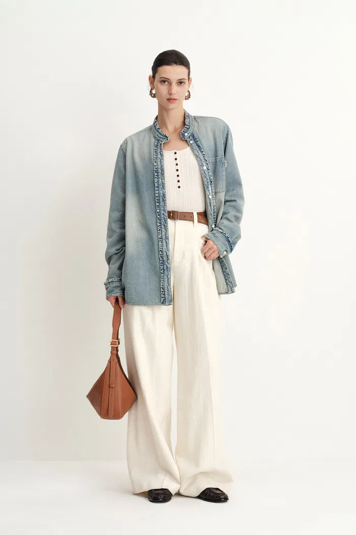 Olivia Ruffled Denim Shirt in Cotton-Linen Denim