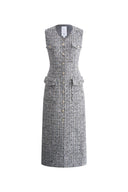 Cherbourg Sleeveless Tweed Midi Dress in French Bouclé with Metallic Threads