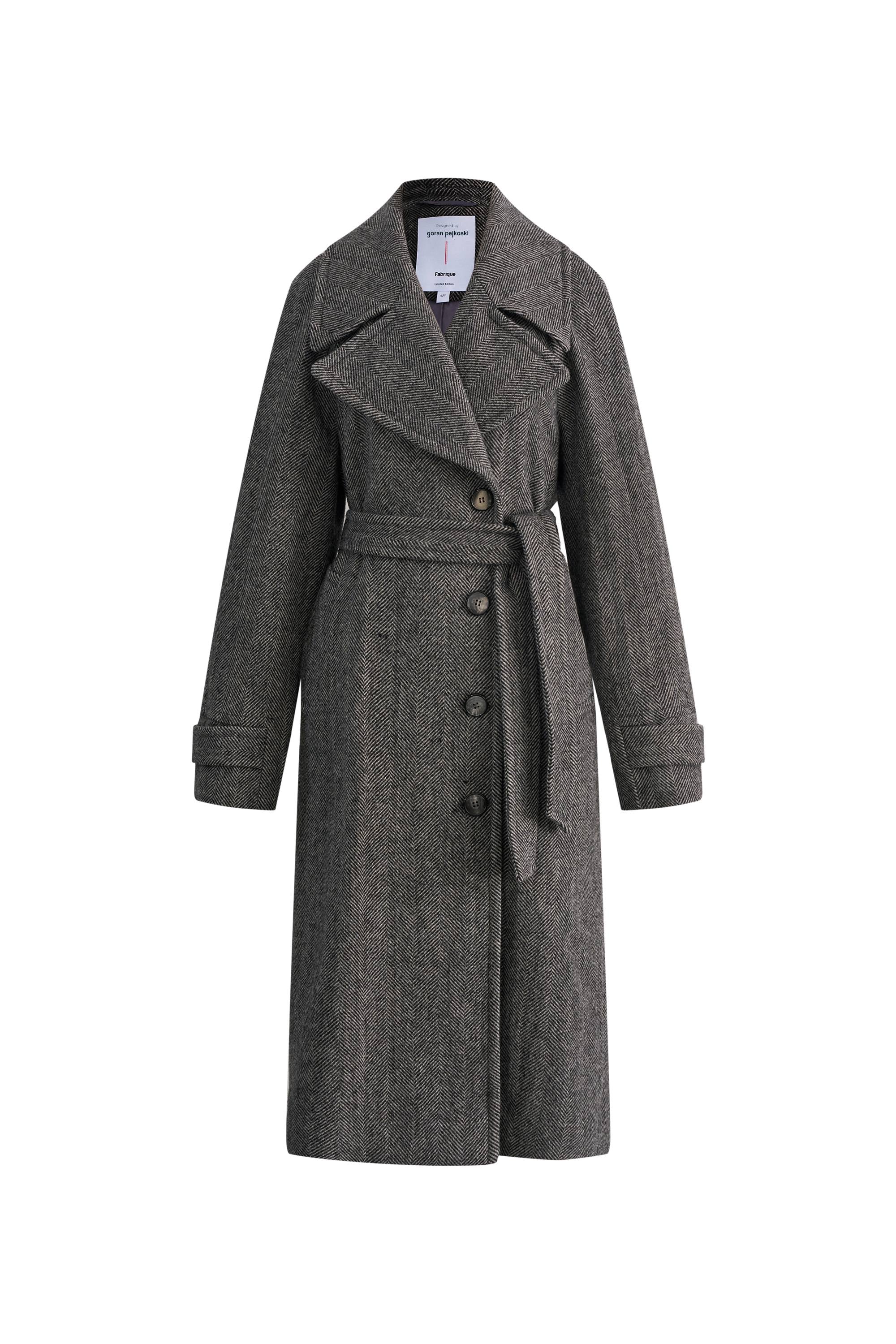 Delia Herringbone Trench Style Coat in Lightweight Merino Wool