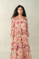 Annette Gestuftes Rüschen Kleid mit Handbemaltem Print aus Transparentem Chiffon