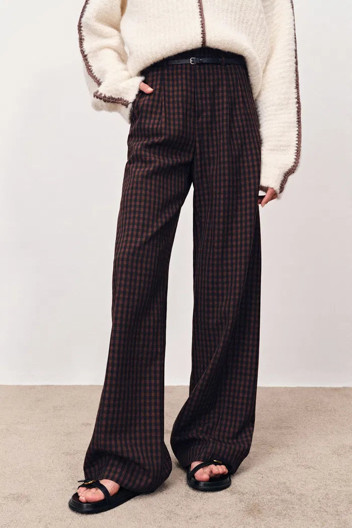 Coco Checkered Wide Leg Trousers in Merino Wool