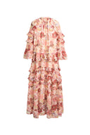 Annette Gestuftes Rüschen Kleid mit Handbemaltem Print aus Transparentem Chiffon