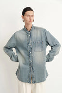 Olivia Rüschige Denim-Bluse aus Baumwoll-Leinen-Denim